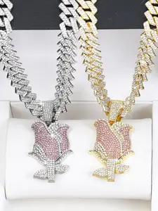 Cute Rose Pendant Necklace, Fashion Hip Hop Flower Rose Charms Pendant with Cuban Link Chain, Jewelry Accessories for Men & Women, Iced Out Jewelry