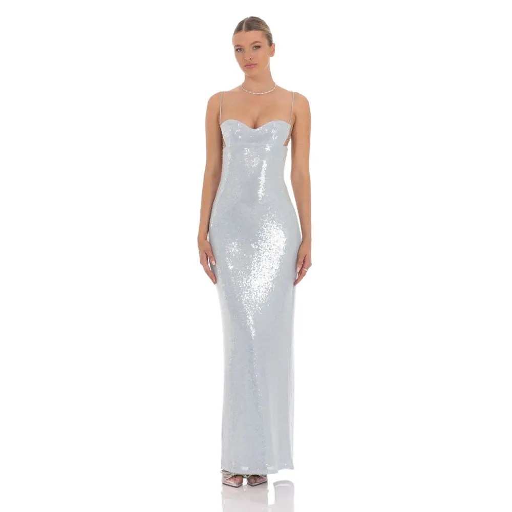 Sequin Open Back Maxi Dress in Icy Blue
