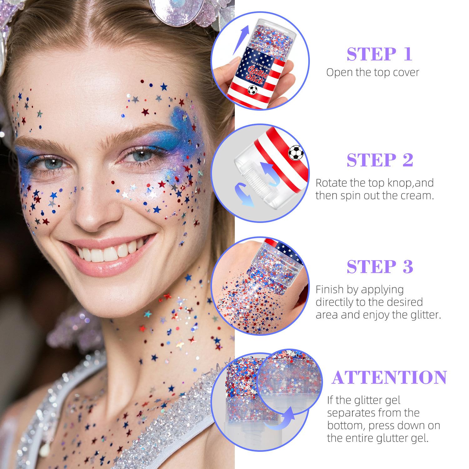 4th of July Glitter Stick | Red, White & Blue Body & Hair Sparkle for Independence Day Party, Festival & Fun Holiday Look