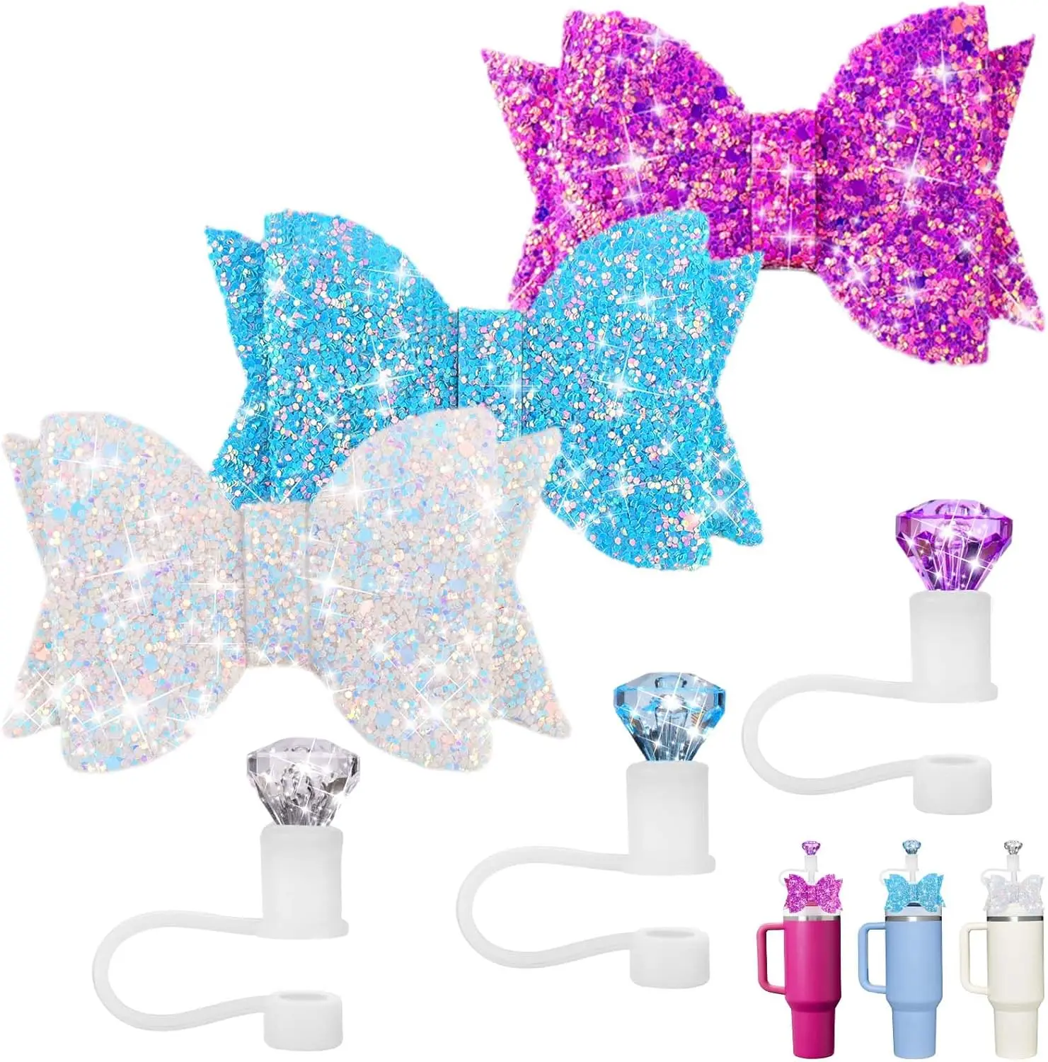 6PCS Reusable Silicone Cup Toppers - 3 Bow, 3 Sparkling Diamond Charms, Covers Fits 0.4" Straws, Compatible with 30/40oz Large Tumblers, Kitchenware Drinkware Accessories