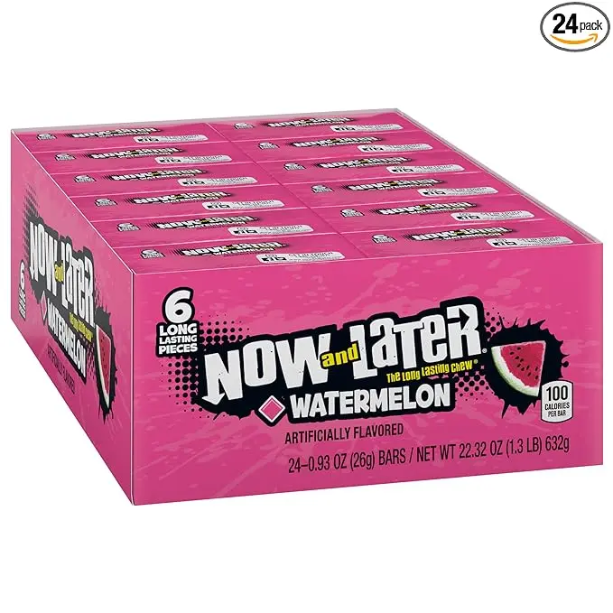 Now and Later Ferrera Low-Fat Watermelon-Flavored Candy Bars, 0.93oz 24-Bar Boxed Pack, Tangy Sweet Refreshing Food Snacks for On-The-Go & Bulk Snacking