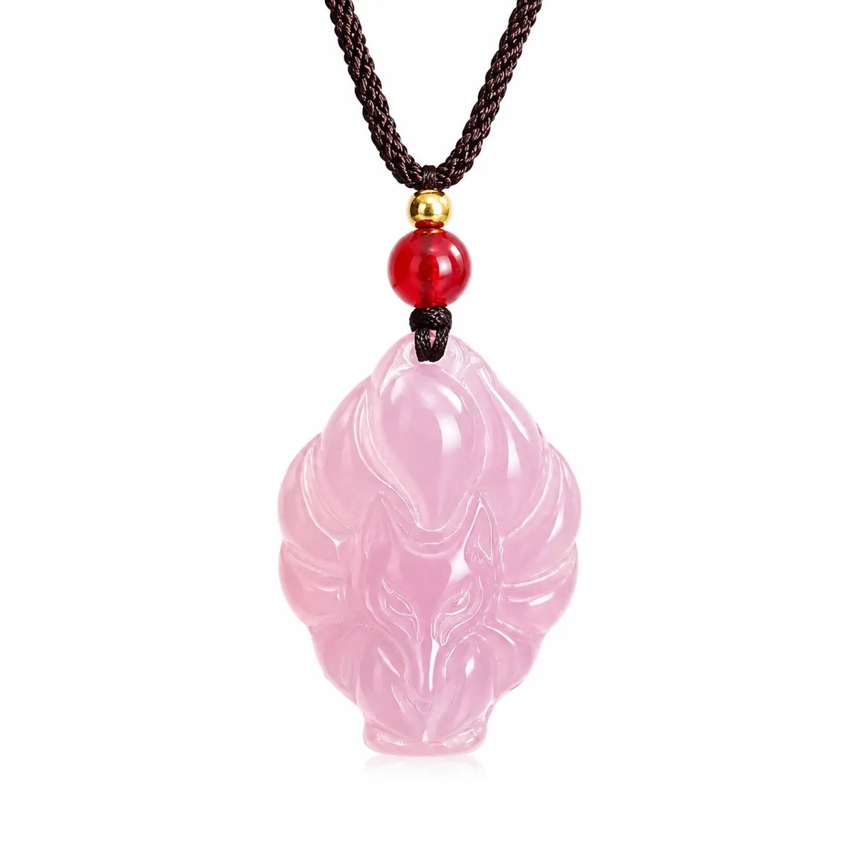 Women's Handcrafted Pink Jade 9-Tailed Fox Motif Fengshui Pendant Necklace - Chinese Art Fengshui Charm, Braided Cord, Home Decor Ornament for Love Energy & Good Luck