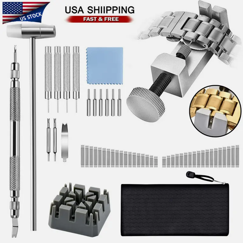 SJPACK Professional 127 Pcs Watch Repair Toolkit - Accessories Tool Kit with 1 Spring Bar Tool, 108 x Watch Pins, 4 x Punch Pins, Cleaning Cloth, Black Zipper Pouch, Grab & Go Set for 0.32In~0.99In Daily Strap Repairs