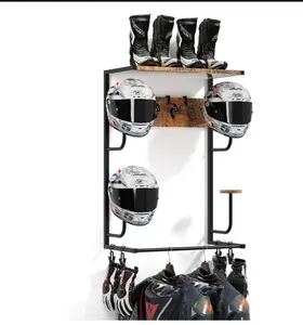 Motorcycle Helmet Holder, Rustic Motorcycle Helmet Displayer With 4 Hat Stands and 4 Glove Clips 4 Hooks for Most of Helmet and Motorcycle Accesories