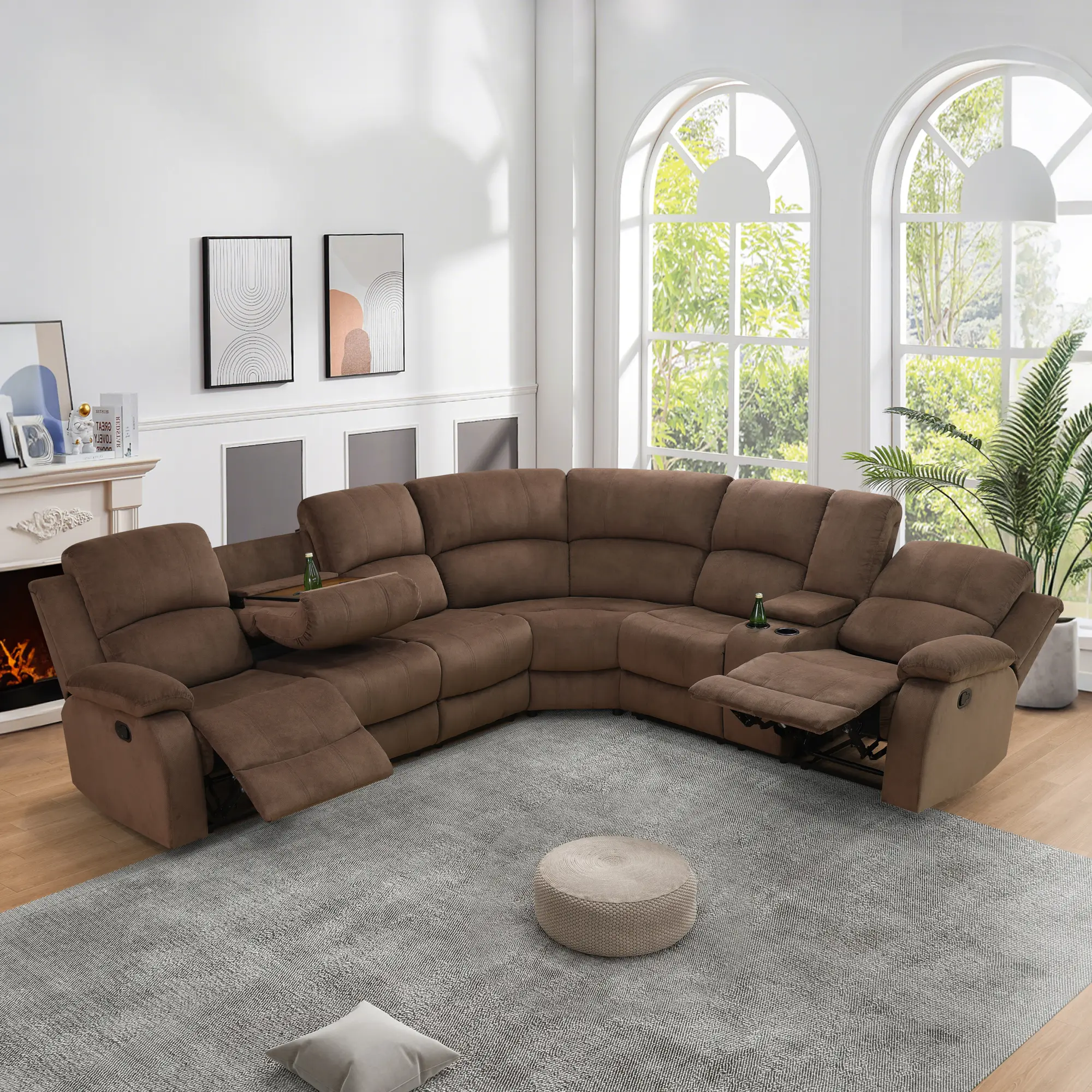 Brown Pineapple Fabric 3-Piece Intelligent Recliner Sofa Set for Living Room - Modern Luxury Comfy Cloud Couch with Reclining Seats, Adjustable Recline for Home Theater Lounge Furniture
