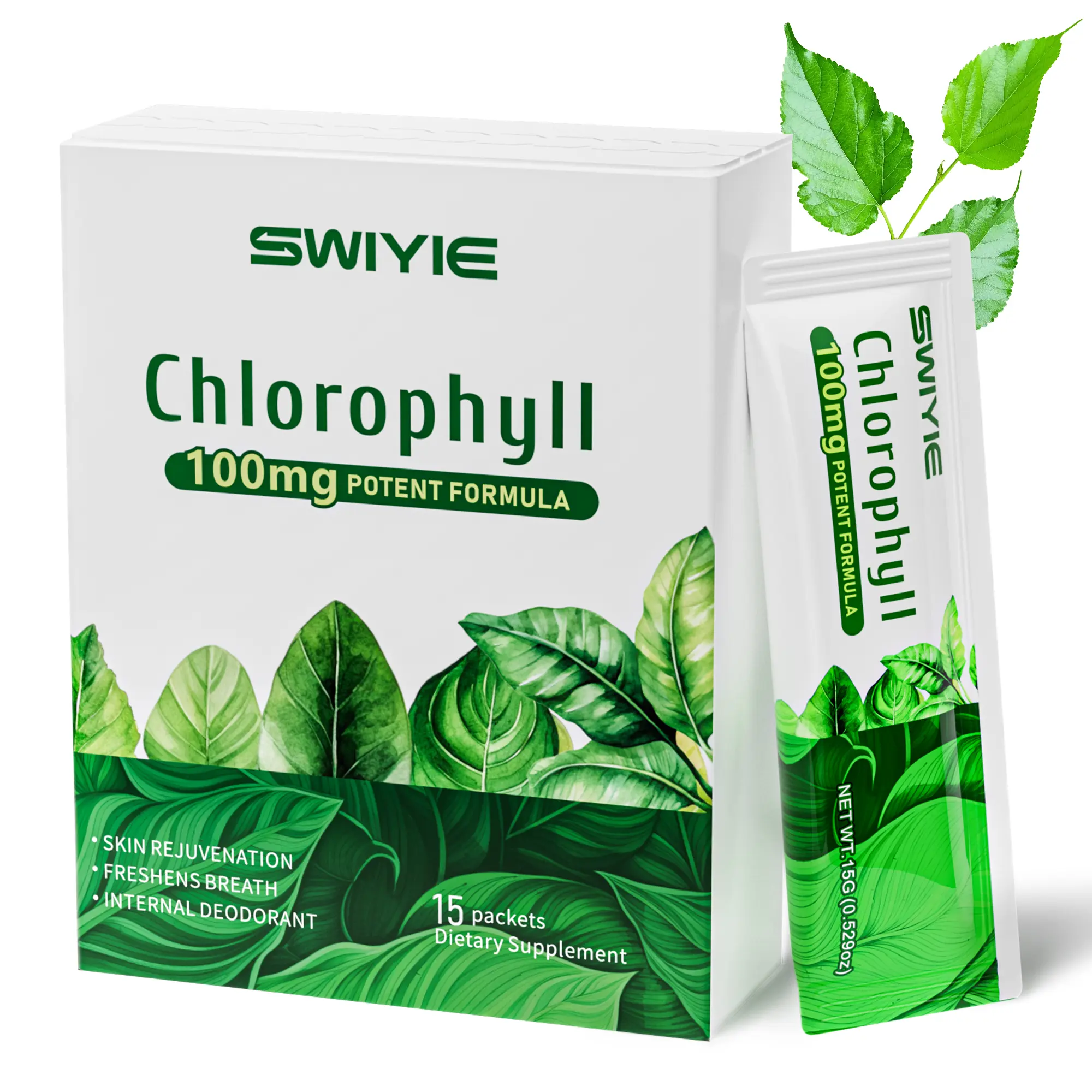 Swiyie Chlorophyll 100mg Potent Formula - 15 Pack of Edible Healthcare for Body Odor, Skin Clarity & Liver Support, Plant-Based, Sugar-Free