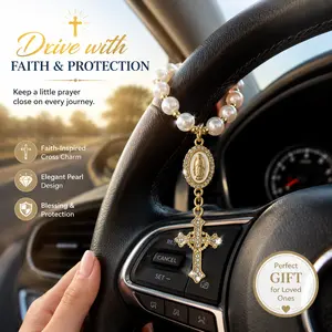 Pearl Rosary Steering Wheel Charm, Catholic Cross Car Accessory, Elegant Faith Car Decor, Religious Gift for Women