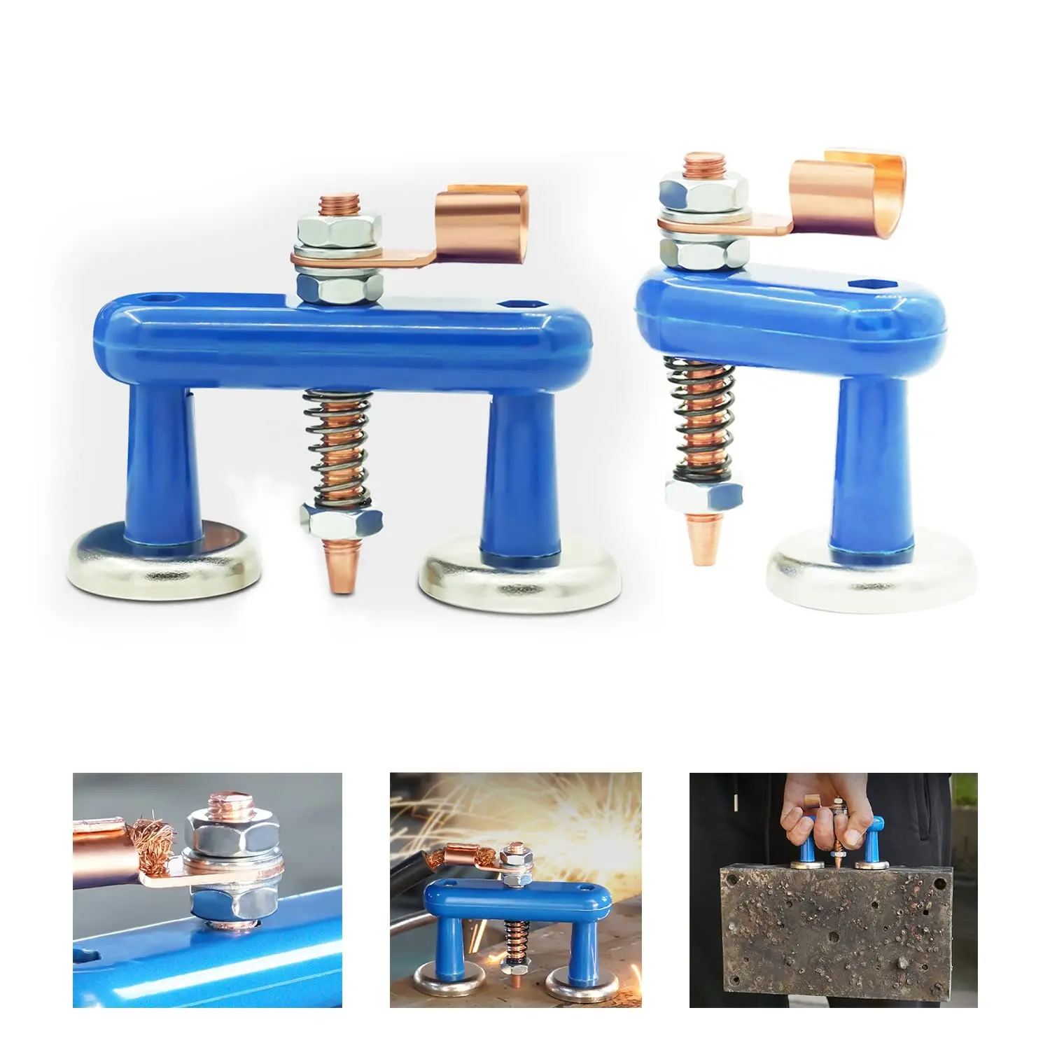 500A Welding Ground Clamp Magnet, Welding Accessories with Resilient Copper Electrode, Single Magnet, Blue Plastic Frame, Spring Mechanism for Secure Grip and Stability