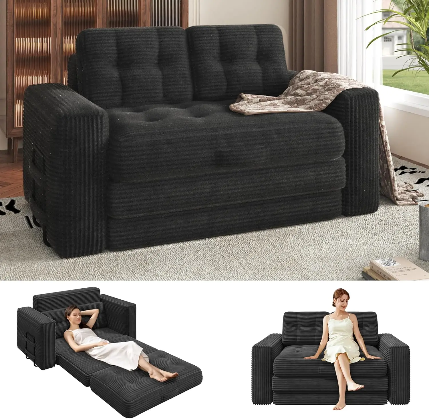 EROMMY Convertible Sofa Bed, 2 in 1 Boneless Couch Bed with 2 Pillows, Corduroy Pull out Couch Folding Sofa Bed with Deep Seat, Small Loveseat Sleeper Sofa Bed in a Box for Small Spaces, No Assembly Required