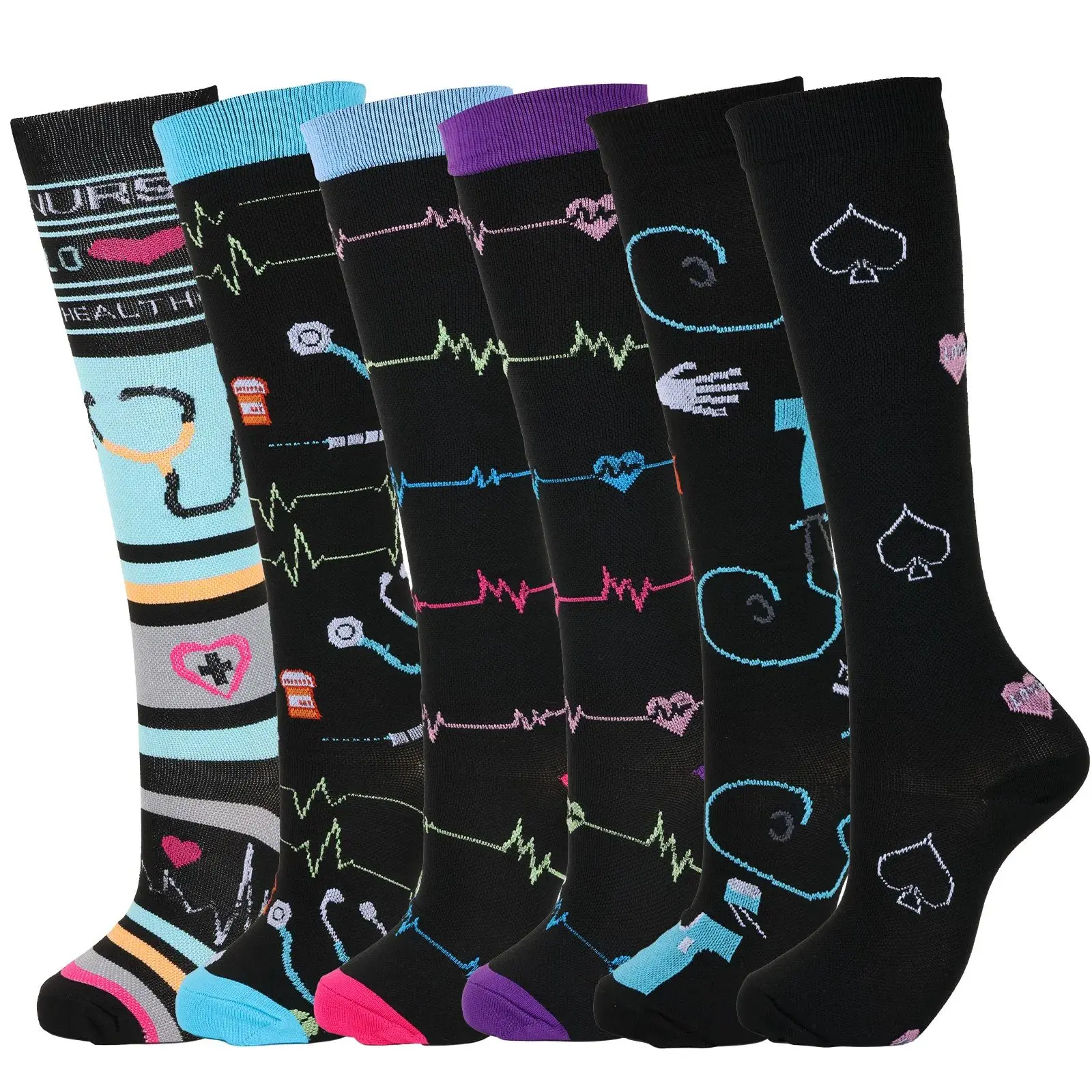 MhzyCaus 6 Pairs Black Wave Pattern Compression Socks, 168-Needle Fine Knit Calf Socks, Comfortable Odor-Resistant Fabric, Quick-Dry Breathable Design for Fitness & Active Lifestyle