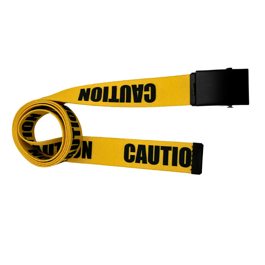 Unisex Belts - Bold Yellow Polyester Webbing, Heavy-Duty Metal Buckle, Small to Plus Sizes, Durable for Daily Wear, Casual Wear Fashion Accessory, Caution Print Design, Bold Look, Caution Text, Sizes S-Xl