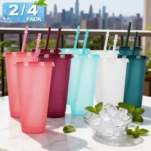 2/4pcs Reusable Glitter Plastic Cup with Lid and Straw, 24 Oz Iced Coffee Travel Mug Tumbler for Birthday Party, Smoothies Beach Party Fun, Portable Drinkware