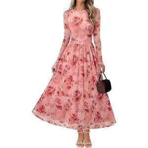 MEROKEETY Women's Long Sleeve Fall Wedding Guest Dress 2025 Crewneck Floral Flowy Mesh Cocktail Maxi Dresses