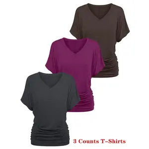 Women's Plain V Neck Batwing Sleeve Tee, Casual Solid Color Short Sleeve T-Shirt for Daily Wear, Ladies Clothes for All Seasons, Top
