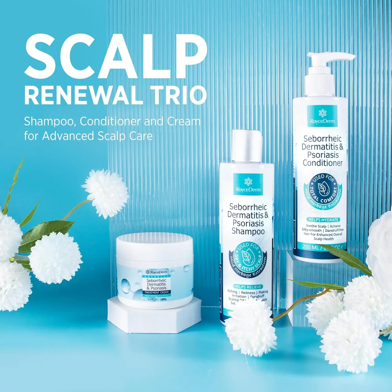 Roycederm 3-Piece Haircare Set for Seborrheic Dermatitis, Folliculitis & Psoriasis, Gentle Herbal Treatment with Shampoo, Conditioner & Cream for Scalp Relief