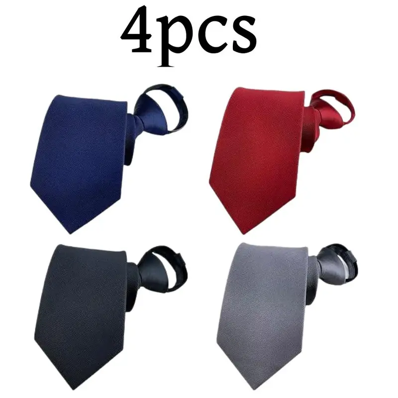 Men's 4-Pcs Polyester Silk Slim Plain Ties - Adjustable Zipper, Navy/Black Options, Pre-Knot Quick Wear, Neat Pre-Knot Look - Adult Formal Men's Accessories, Practical Father's Day Gift Picks