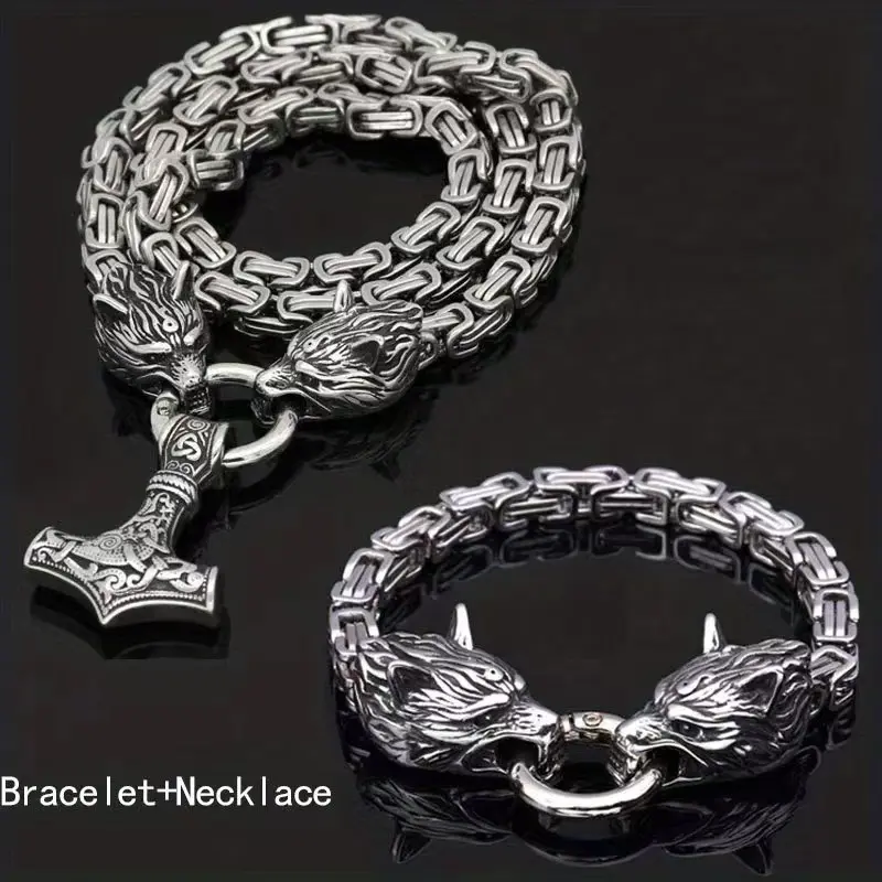Buy 1 Get 1 Free, total of 2 PCS Viking Wolf Head Hammer Pendant Necklace Set - Stainless Steel Jewelry with King Chain for Men and Women - Perfect Holiday Gift for Friends and Family