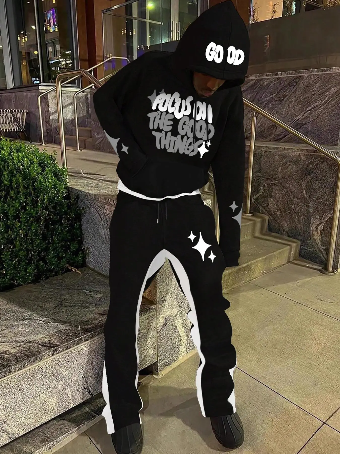 Men's Letter Print Drawstring Hoodie & Pocket Sweatpants Set, Casual Outfit Set, Casual Style Set, Streetwear, Casual Loose Long Sleeve Hooded Sweatshirt & Pants, Men's Fall & Winter Clothes