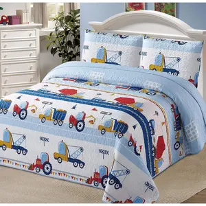 2pc Twin Bedspread Coverlet Quilt Set for Boys Construction Work Road Trucks Blue Red Yellow