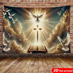 2D Flat Printed Christian Cross Dove Bible Tapestry Wall Hanging, Religious Holy Spirit Light Design, Home Church Room Decor, Photo Backdrop, Spiritual Aesthetic Gift studio prop