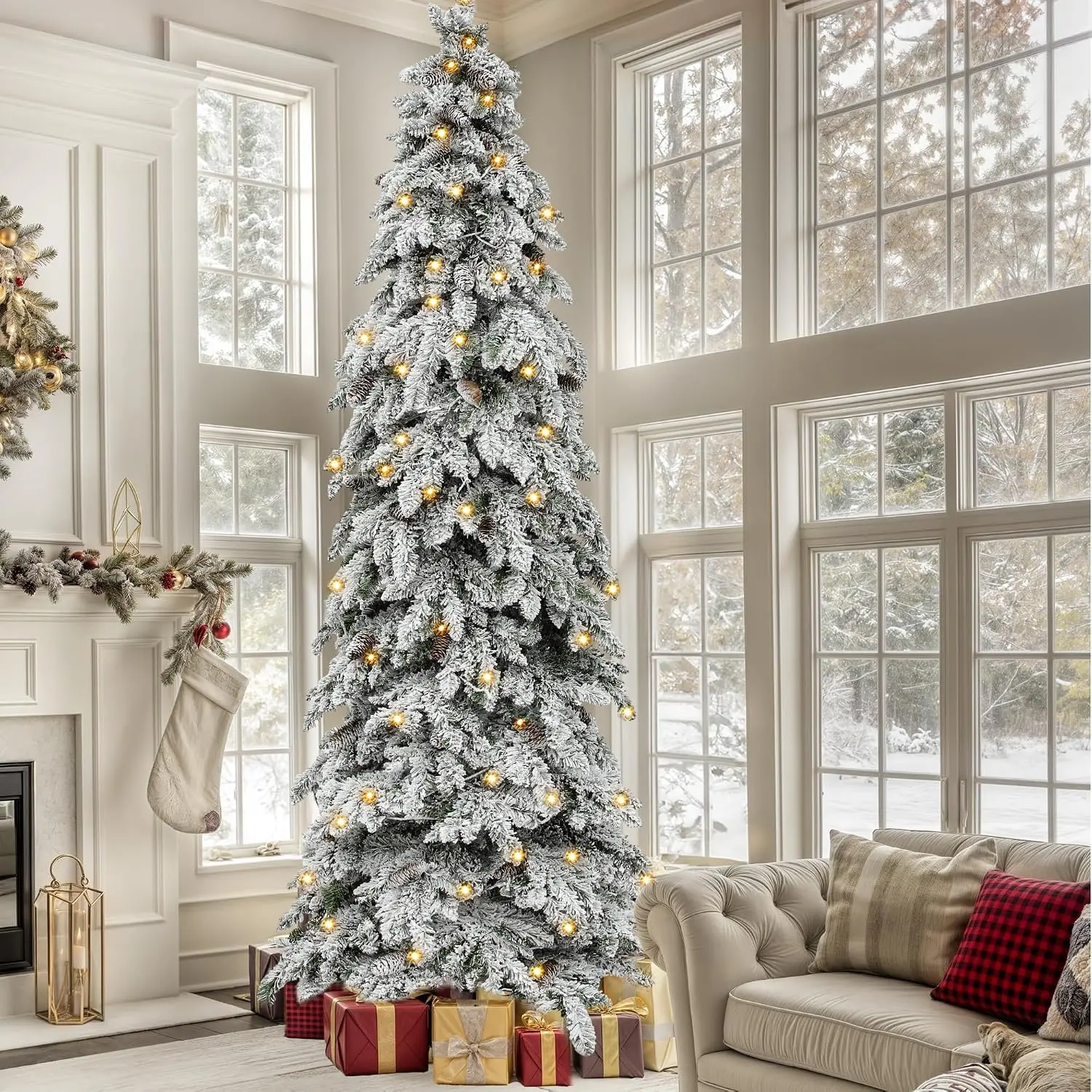 Yitahome Pre-Lit Flocked Artificial Christmas Tree (7.5/9/11 ft) - PE & PVC Mixed Branch Tips, Multicoloured LED Lights, Minimalist Festive Style Specialty Tree Decor, Cozy Little Christmas Versatile Metal Modern Home Holiday Decoration