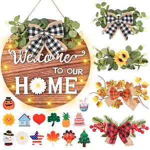 Interchangeable Welcome Sign for Front Door with 14 Changeable Icons Farmhouse Front Porch Decor Rustic Wooden Wall Sign with 12 LED Lights Outdoor Seasonal Welcome Home Decorations Wood home Ornaments Blown