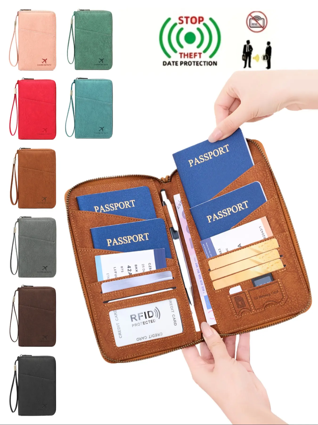 New RFID Blocking Passport Holder, Holds Multiple Passports, Travel Document Organizer, Skin-Friendly Zipper Wallet, Detachable Wrist Strap, Passport Cover, Travel Essentials