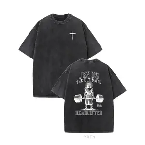 Oversize Acid Wash Christian Shirt Jesus Ultimate Deadlifter" Graphic T-Shirt - Heavyweight 230gsm 100% Cotton, Dual-Sided Print, Loose Fit Streetwear Tee with Falling Shoulder Design,Casual Attire, Retro Streetwea y2k  outfits  men Double-Sided Water,sum