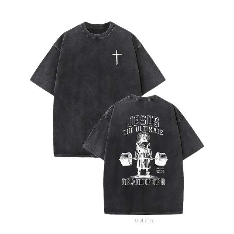 Oversize Acid Wash Christian Shirt Jesus Ultimate Deadlifter" Graphic T-Shirt - Heavyweight 230gsm 100% Cotton, Dual-Sided Print, Loose Fit Streetwear Tee with Falling Shoulder Design,Casual Attire, Retro Streetwea y2k  outfits  men Double-Sided Water,sum