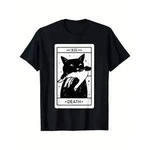 Tarot Card Black Cat T-Shirt, A Great Gift, Unisex Cotton Casual Round Neck Outdoor Short Sleeve T-Shirt, 100% Cotton