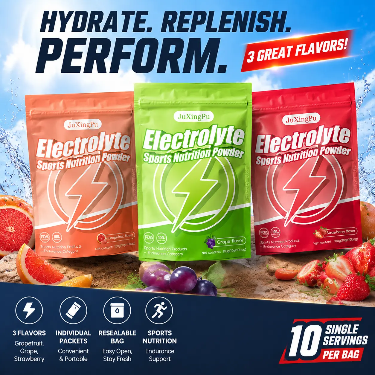 Electrolyte Replacement Powder Sachets - Natural Flavoring, Vitamin & Trace Mineral-Rich, Sports & Recovery Hydration Beverage - 10 x 10g Sachets (100g/3.35oz)