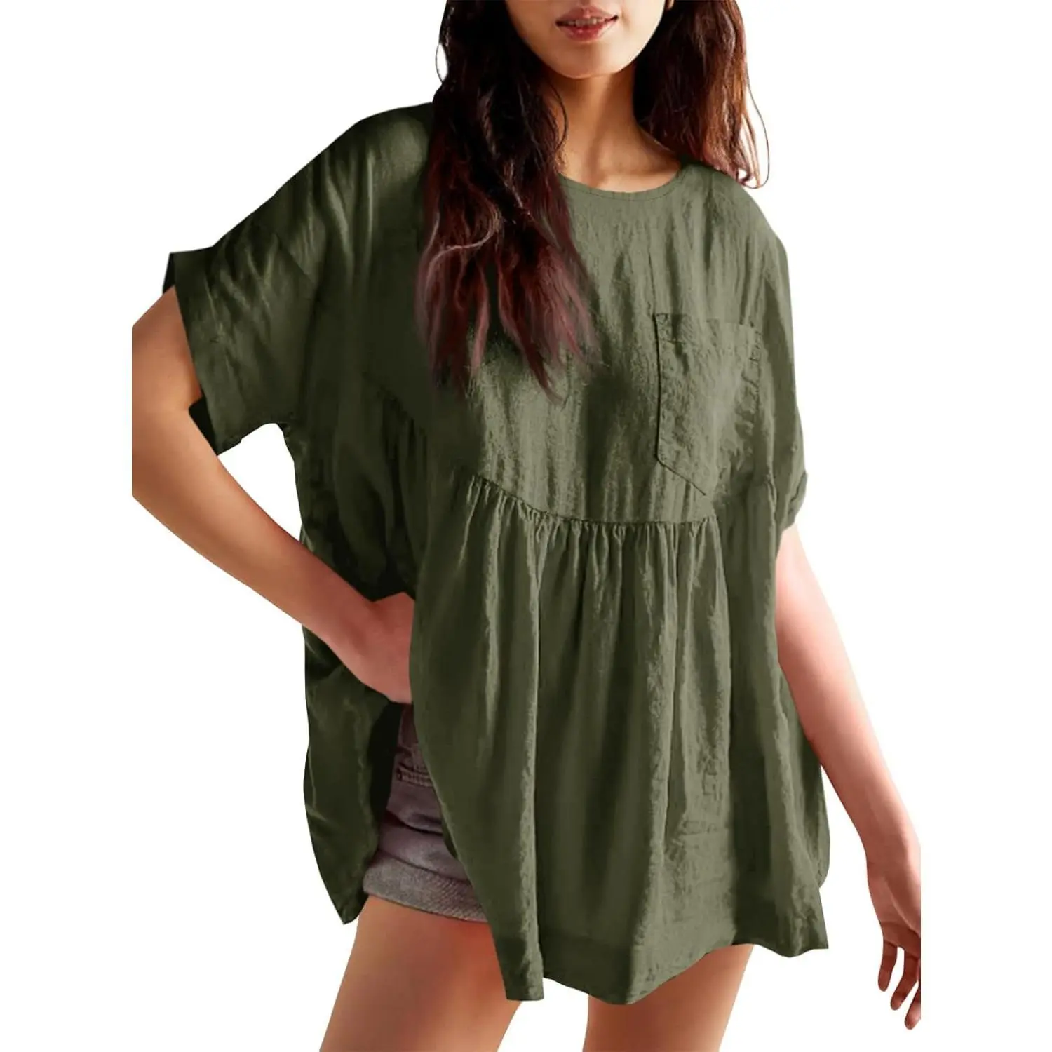 Imily Bela Women's Blouse, Short Sleeve Pleated Babydoll Peplum Tunic, Comfy Casual Cotton Linen Loose Fit for Going Out, Solid