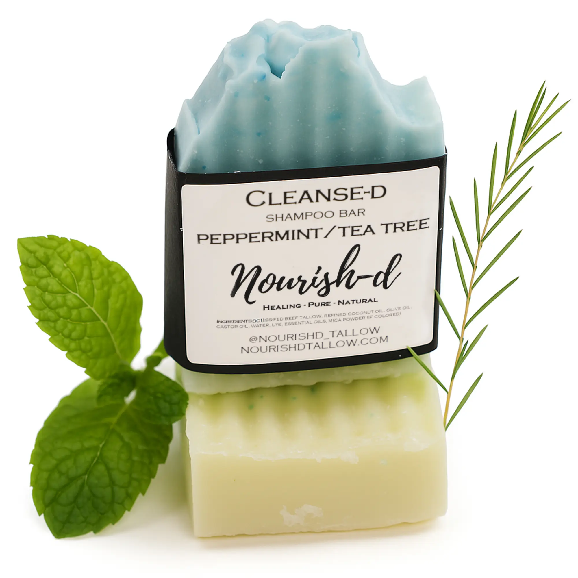 CLEANSE-D Nourish-D Tallow Peppermint/Tea Tree Shampoo Bar - 100% Natural Tallow for Healthy Hair - Nourishing & Strengthening with Vitamins A, D, E & K - For Moisturizing, Conditioning & Hair Growth