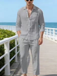 Men's New Linen Casual Set, Loose Fit Beach Vacation Shirt Long Pants Two-Piece Suit, Summer Hawaiian Leisure Walkwear, 8 Colors Available