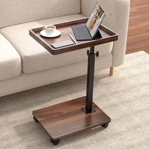 Walnut Brown C-Shaped End Table - Adjustable Height, 360°Swivel TV Tray, Slide-Under Design for Small Spaces, Living Room/Bedroom Sofa, Bed Use (1 Piece)