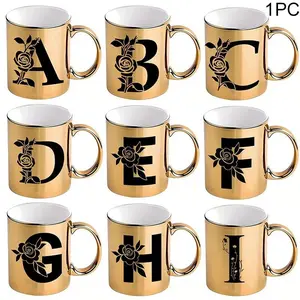 Floral Monogram "A-Z" Coffee Mug, 11oz Ceramic Golden Cup, Hand Wash Only, Reusable, Ideal for Home & Office, Great Gift for Women And Men, Coffee Cups