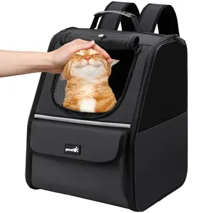 Pecute trapezoidal cat backpack, comfortable travel, well-ventilated, available in black and grey.