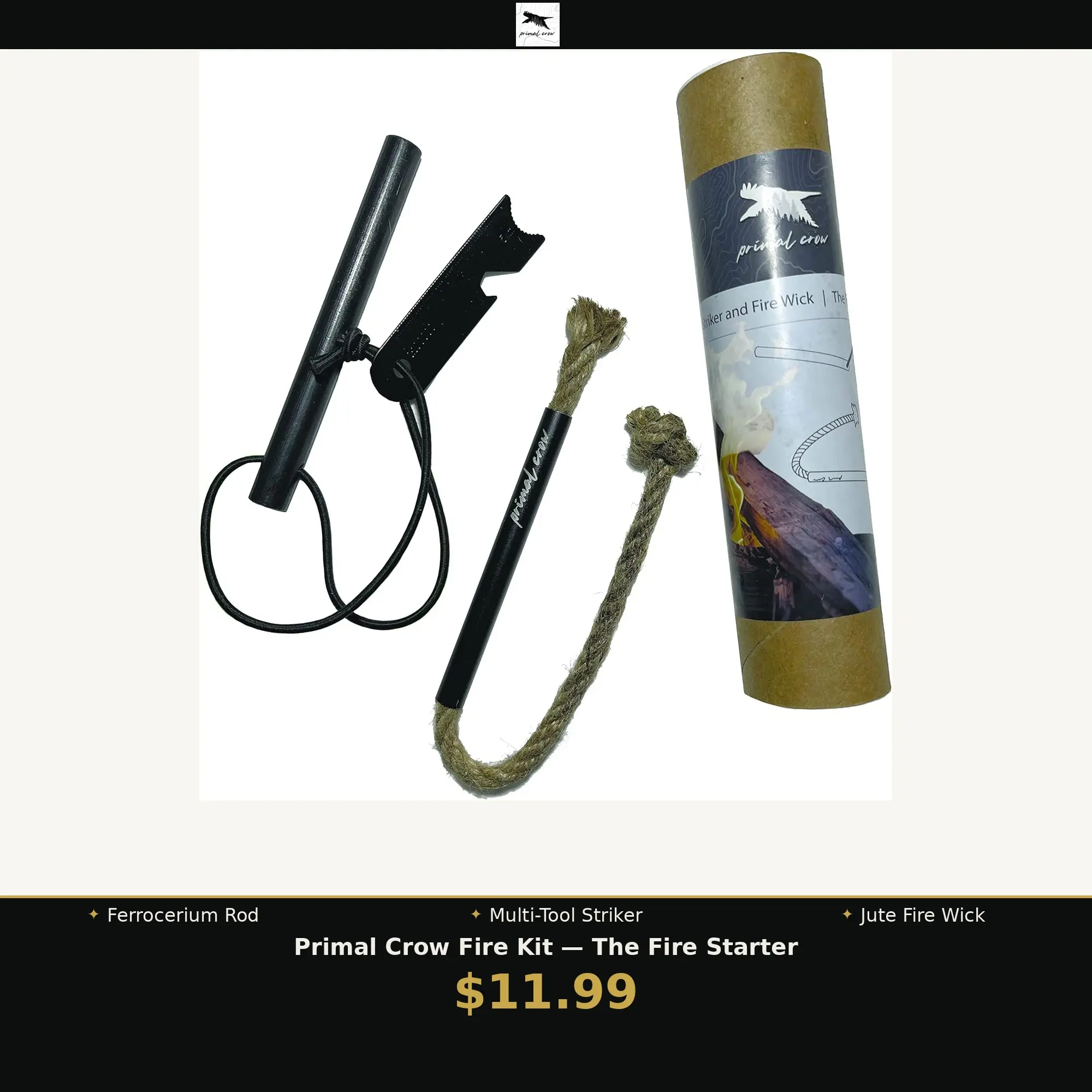 Primal Crow Ferro Rod Fire Starter Kit with Jute Fire Wick - Waterproof Ferrocerium Rod Survival Fire Starter