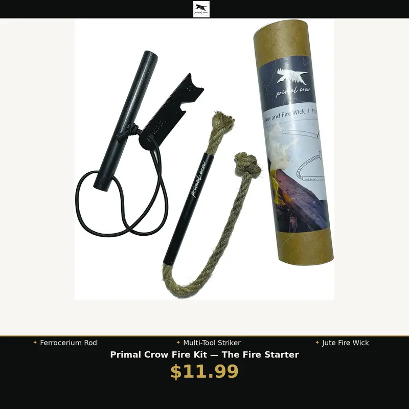 Primal Crow Ferro Rod Fire Starter Kit with Jute Fire Wick - Waterproof Ferrocerium Rod Survival Fire Starter