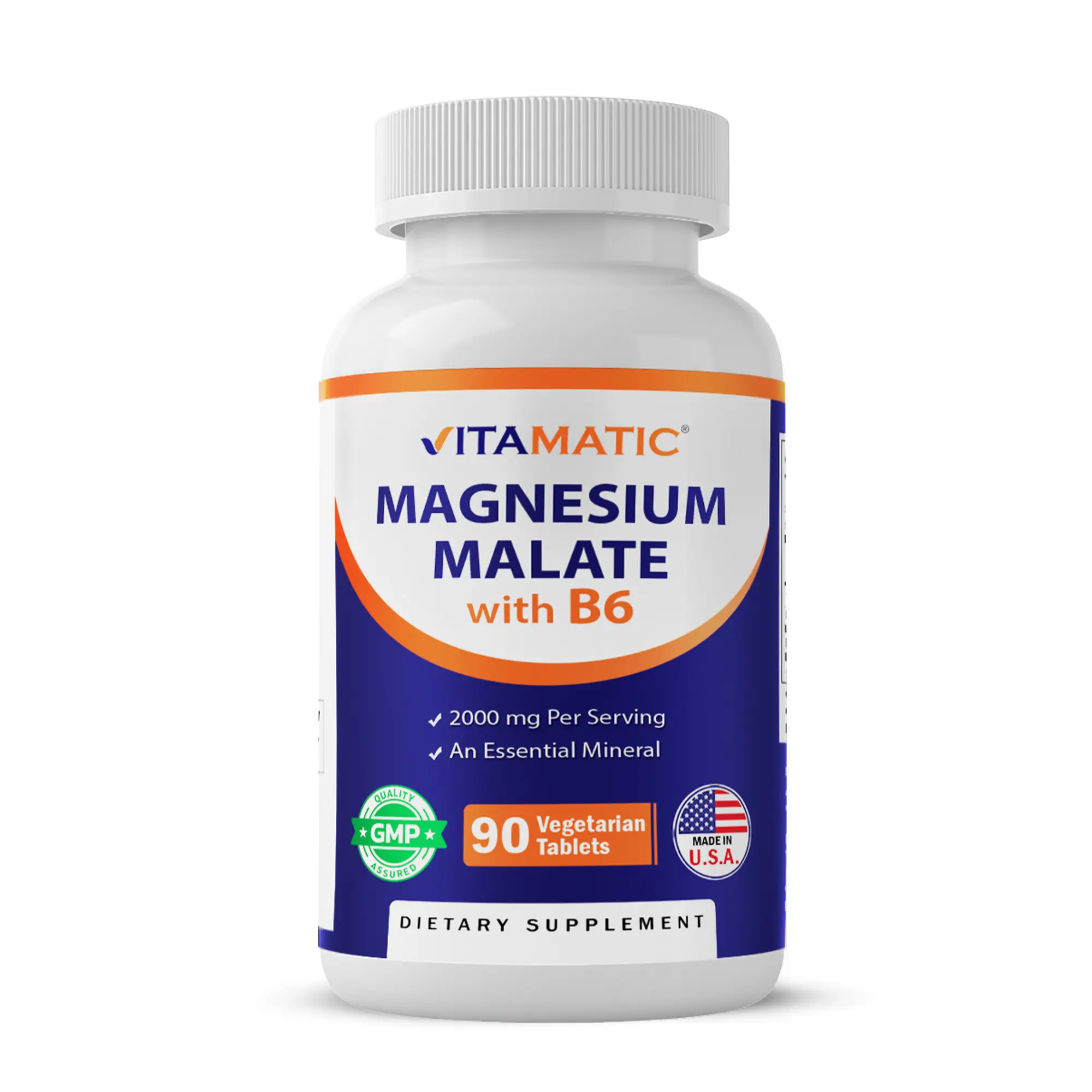 Vitamatic Magnesium Malate Magnesium Supplement Tablets - 2000mg per Serving, 600mg Key Content, 90 Vegetarian Tablets, Added B6 for Max Absorption, GMP Certified, Non-GMO, Free of Additives, Supports Fitness (1 Unscented Bottle)