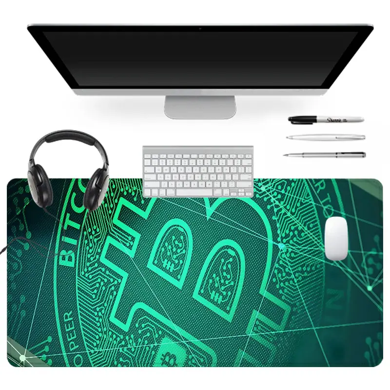 Green Bitcoin Themed Mouse Pad cryptocurrency Gaming Desk Pad Computer Keyboard Extended Mouse Pad for Desk with Non-Slip Rubber Lock Edges Suitable for Home Office Perfect Gift for Tech Lover Decor PC Gamers Office Workers & Home Use ﻿