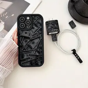 5-Piece Bamboo Set with Protection for iPhone 11-16 Models, Includes Charger Case, 2 Data Cable Cases & Silicone Cable Strap, Accessories