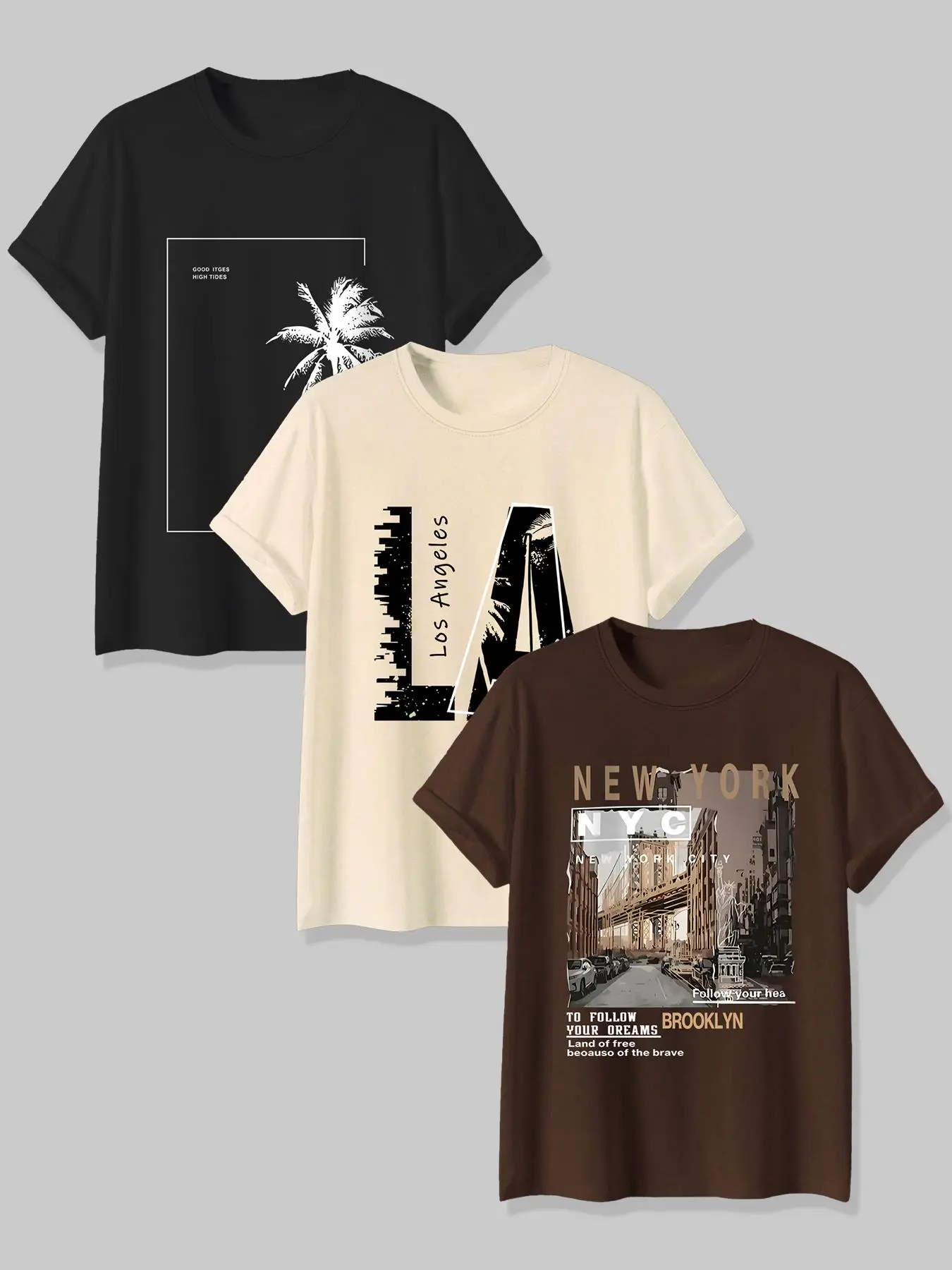 Men's Landscape & Letter & Plants Print Tee, Round Neck Short Sleeve T-shirt for Summer, Casual Comfy Men's Top for Daily Wear, Summer Tees, Clothing