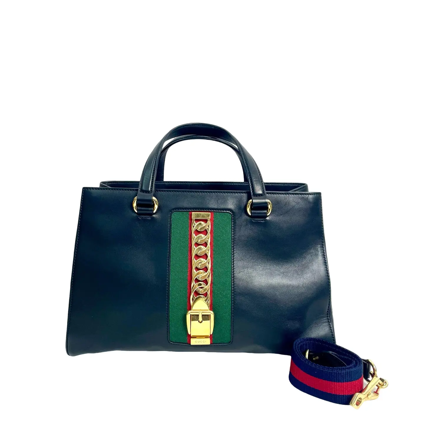 Pre-owned leather handle bag Gucci Sylvie Medium Top in Black with Web Stripe