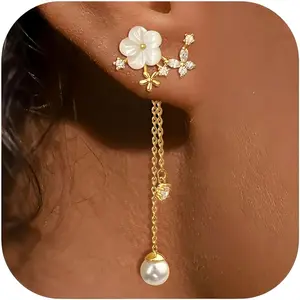 Dangle Pearl Drop Earrings For Women Trendy Long Threader Chain Dainty Flower Wedding Earrings For Brides CZ Cute Statement Sparkly Jewelry shopping spree