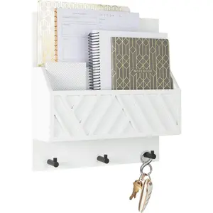 Wall Mount Key Holder with Mail Organizer, Wooden Command Center with 3 Hooks and 2-Tier Letter Pockets, Entryway Mail Sorter & Key Rack, White Geometric Wall Organizer for Office Home