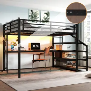 Queen Loft Bed with Desk & Storage Stairs Metal Frame LED Lights USB Ports Noise-Free Black Space-Saving Design
