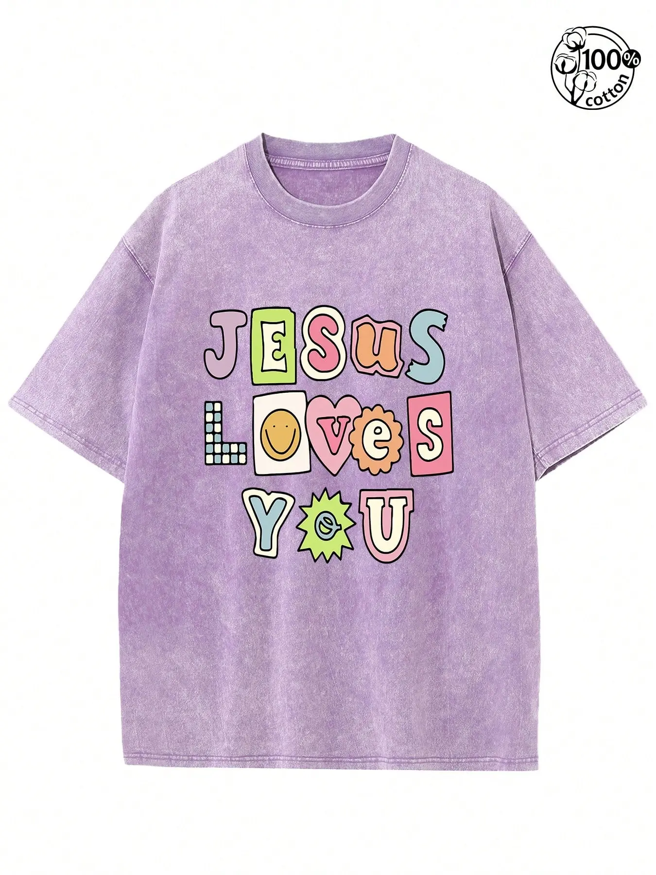 Vintage Jesus Loves You Y2K Patchwork Multicolor Bubble Letter Christian T-Shirt, Washed Lavender Purple Cotton Oversized Short Sleeve Tee, Cute Groovy Faith Casual Crewneck Shirt