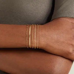 TEWIKY 14K Gold-Plated Six-Layer Bracelet with Snake Chain Paperclip Dainty Star Chain Elegantly Designed Valentine's Day Gift Perfect for Various Occasions