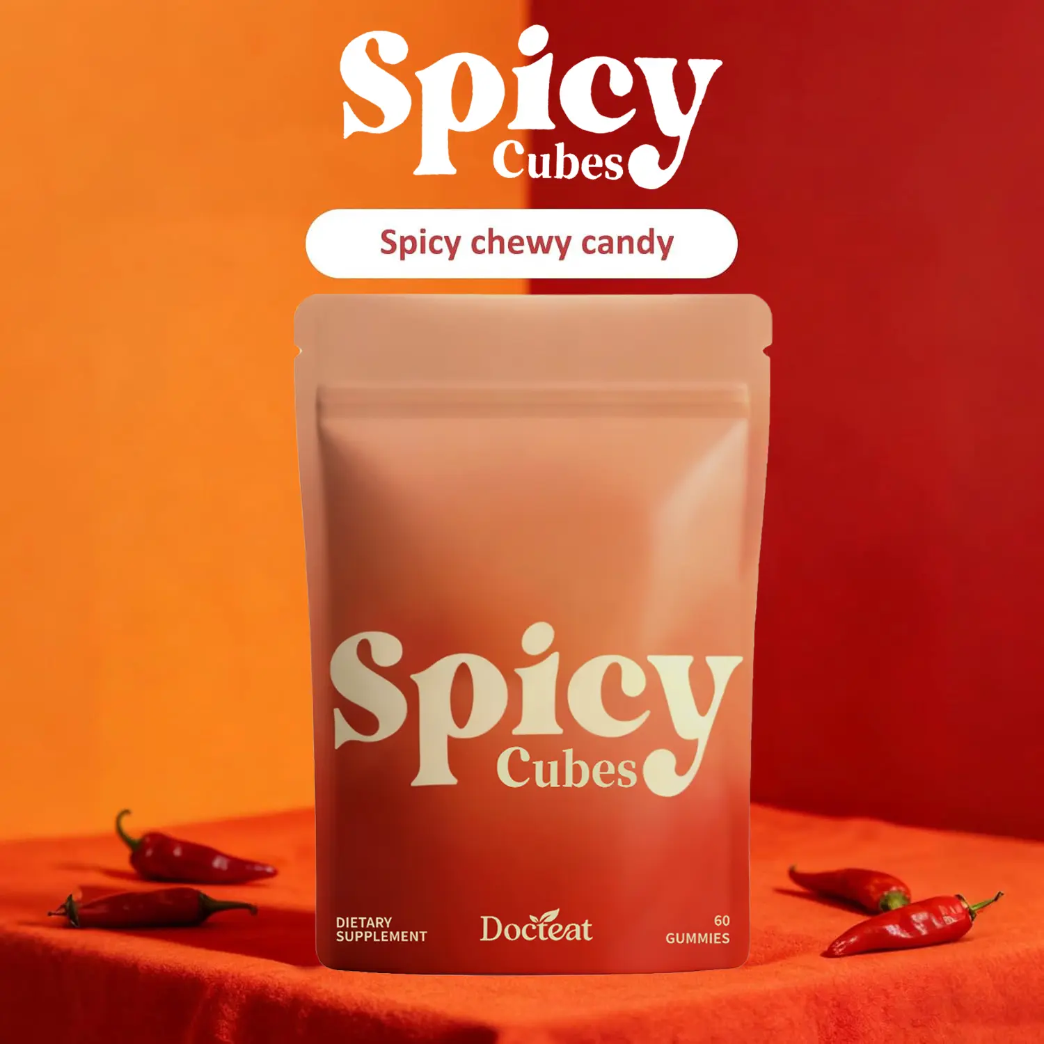 Spicy Cubes Dailies Energy Boosting Snack - 60 Pieces Gummies with Maca Root Extract, L-Theanine, Caffeine, Ginger, GMO-Free, Prop 65 Safe (No Live Cultures)